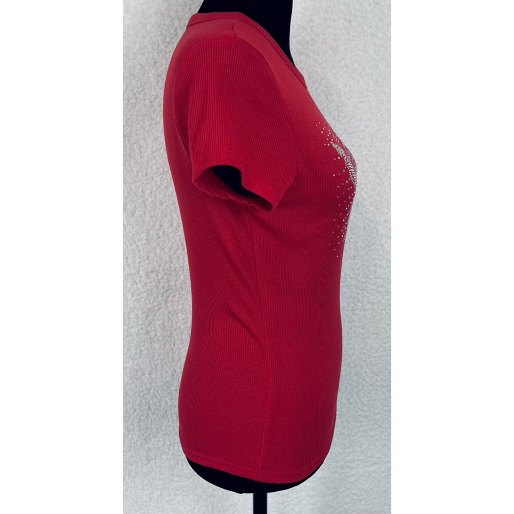 ORANGE KISS • Red/Silver Y2K Rhinestone Butterfly Ribbed Short Sleeve Tee, M - Picture 8 of 13